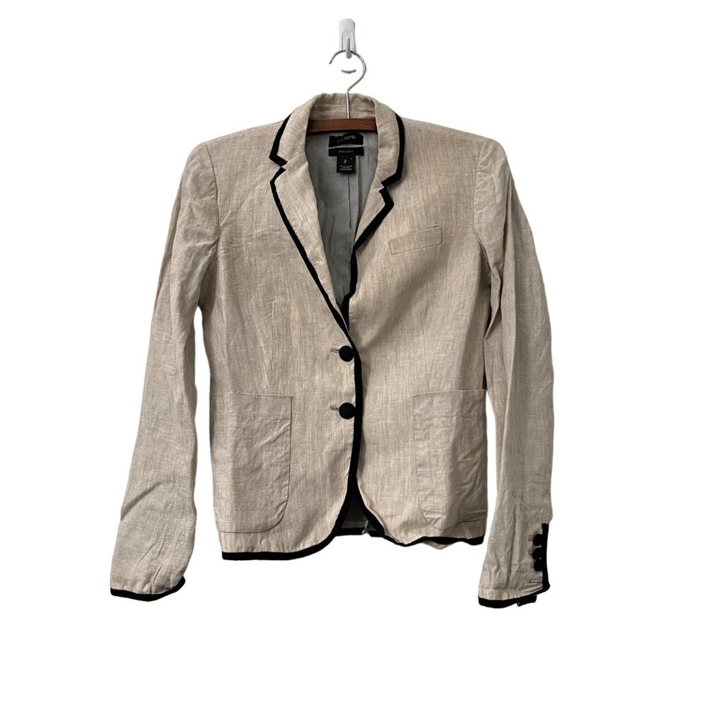 J Crew Womens Beige Linen Black Contrast Trim Schoolboy Blazer Size 2